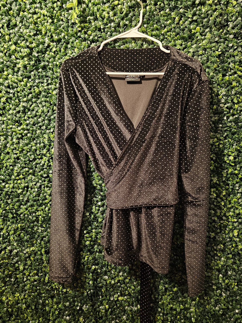 Voodoo Vixen Women's Black Sparkle Wrap Top - Elegant Long Sleeve